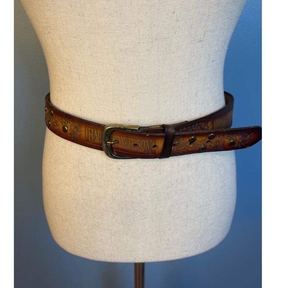 Tooled Brown Leather Belt with Brass Buckle